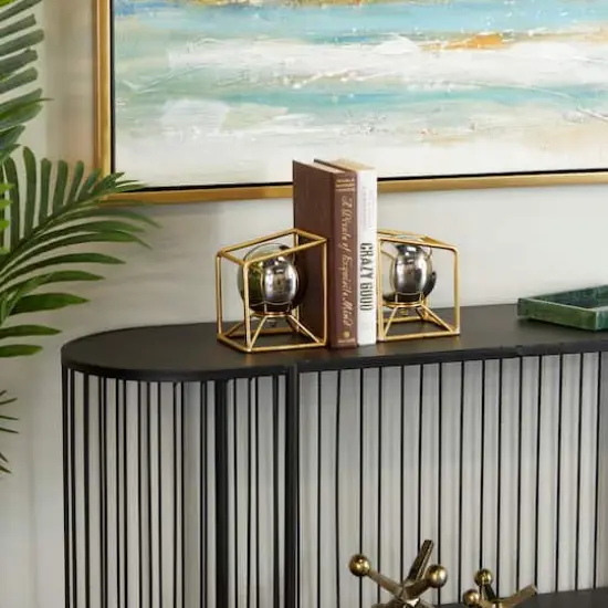 6" Silver Stainless Steel Orb Geometric Bookends with Gold Base Set {7}
