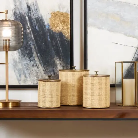 Beige & Gold Woven Paper Decorative Jar Set {3}