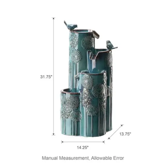 Glitzhome&reg; 31.75" Turquoise 4-Tier Dandelion Texture Vase-Shaped Ceramic Outdoor Fountain with LED Light {9}