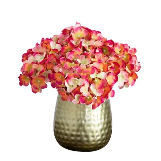 11" Pink Hydrangea Arrangement in Gold Metal Vase {1}