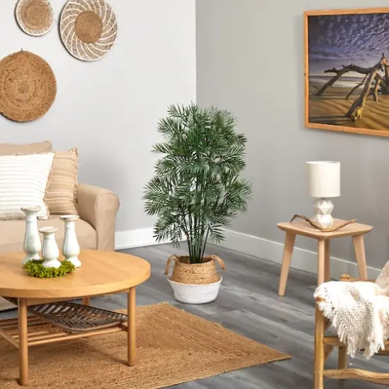 4ft. Parlor Palm Artificial Tree in Boho Chic Handmade Cotton & Jute White Woven Planter {5}