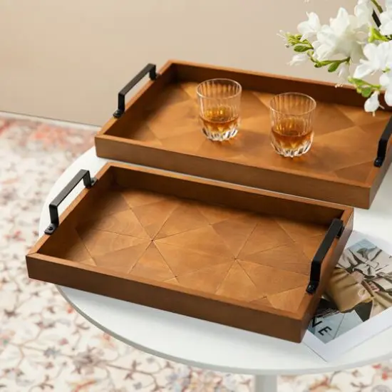 Glitzhome&reg; Rectangle Wood Geometric Trays Set {6}