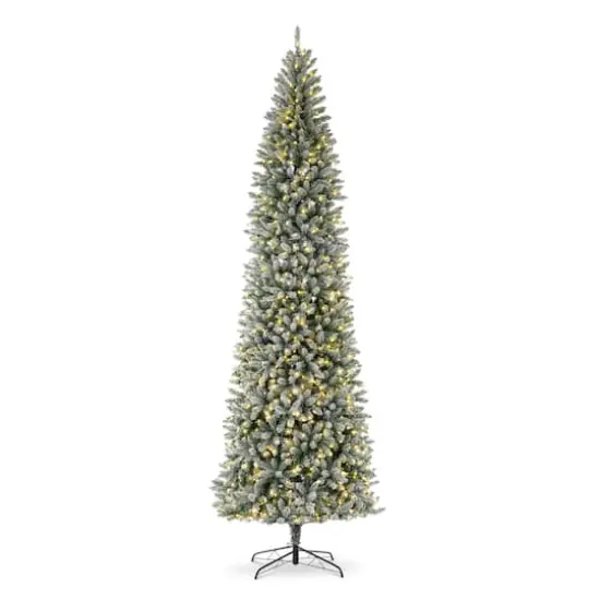 11ft. Pre-Lit Flocked Fir Pencil Artificial Christmas Tree, Warm White LED Lights {1}