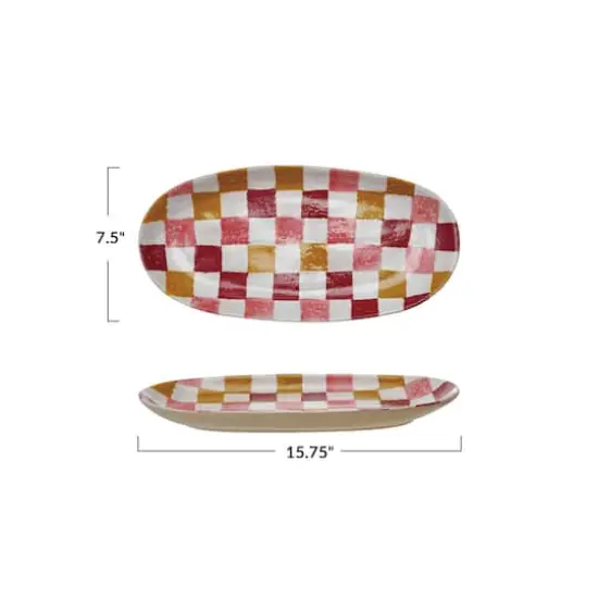 Hello Honey Oval Hand-Painted Stoneware Platter with Check Pattern, Multicolor {4}
