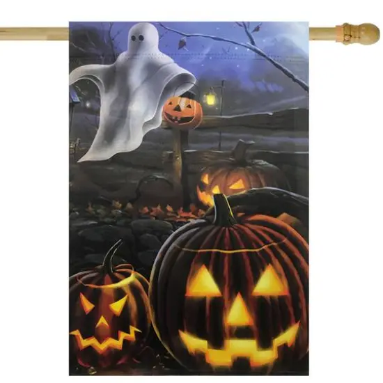 Pumpkins & Ghost Spooky Halloween Outdoor Garden Flag, 28" x 40" {3}