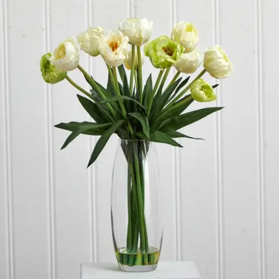 20" White Tulip Floral Arrangement in Clear Vase {4}