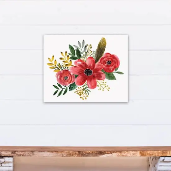 Feathers and Red Flowers 16" x 20" Canvas Wall Art {5}