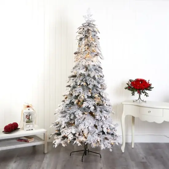 8ft. Pre-Lit Flocked Montana Down Swept Spruce & Pinecones Artificial Christmas Tree with Clear LED Lights {9}