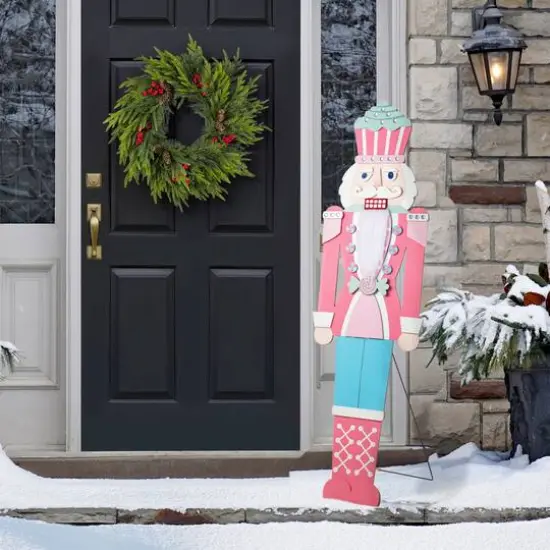 Glitzhome&reg; 60" Christmas Wooden Pink Nutcracker Porch Decor {3}