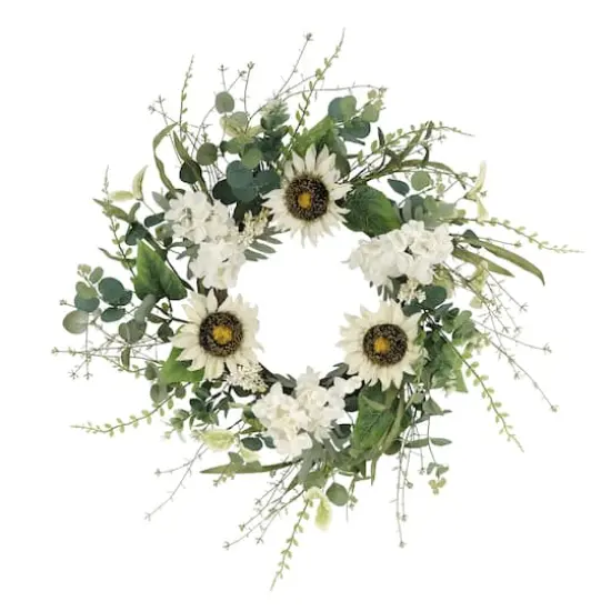 24" White & Green Sunflower & Hydrangea Floral Spring Wreath {1}