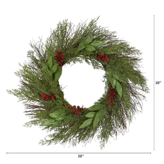 20" Cedar & Ruscus with Berries Wreath {3}