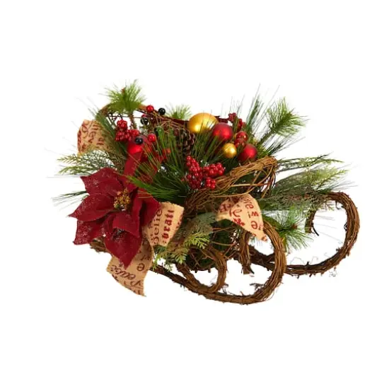 18" Christmas Sleigh with Poinsettia, Berries & Pinecone Artificial Arrangement with Ornaments {4}