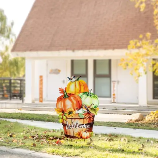 Glitzhome&reg; 30.25" Fall Metal Pumpkins with Barrel Yard Stake {5}