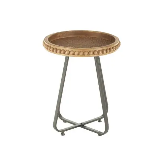 20.5" Brown Wood Beaded Accent Table with Rounded Gray Metal Base & Rattan Accent {9}