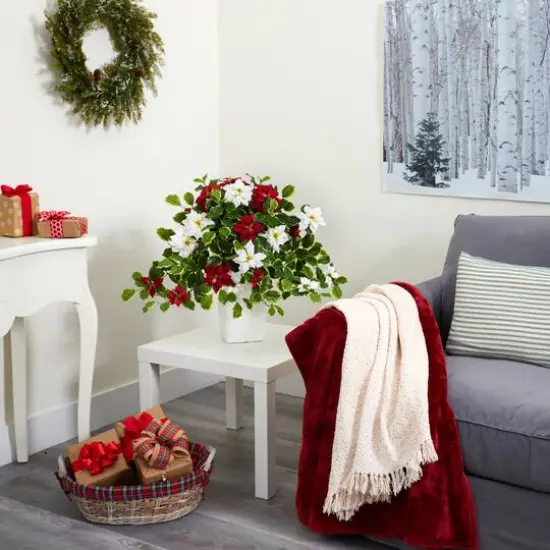 23” Poinsettia & Variegated Holly Artificial Plant in White Decorative Planter {5}