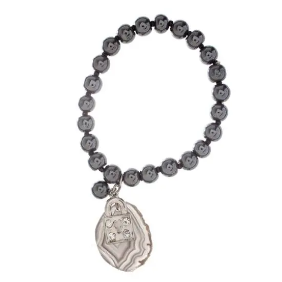 John Bead Hematite Gray Natural Stone Bracelet with Agate & Lock Charm {5}