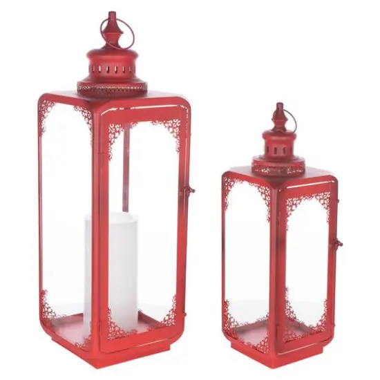 Red Ornate Curved Metal Lantern Set, 18" & 24" {1}