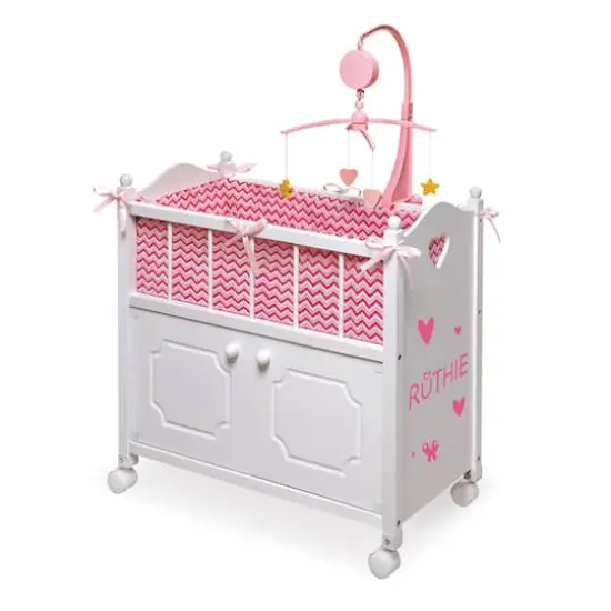 Badger Basket White Cabinet Doll Crib with Pink & White Chevron Bedding {8}