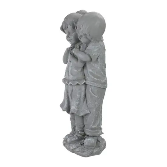 19.5" Gray Boy Hugging Girl Outdoor Garden Statue {6}