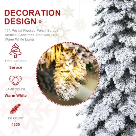 15ft. Pre-Lit Flocked Pencil Spruce Artificial Christmas Tree, Warm White LED Lights {7}