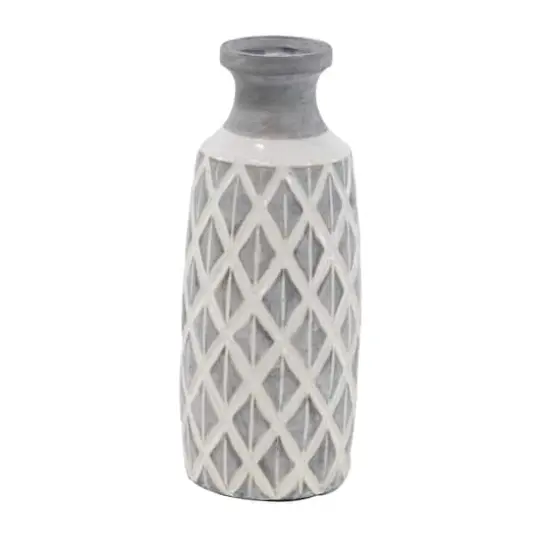Coastal Gray And White Ceramic Jar Vase With Criss Cross Pattern, 16" x 6" x 6" {1}