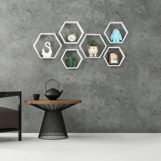 NEX&trade; LIANTRAL Hexagon Floating Wood Shelves Set {7}