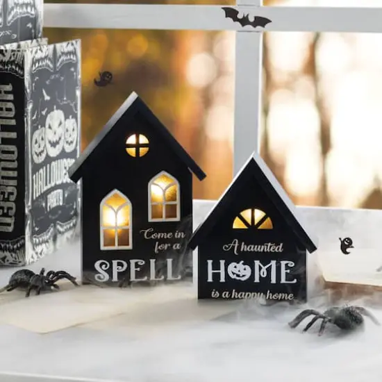 Glitzhome&reg; 8"H Lighted Halloween Wooden House-shaped Table Decor Set {3}