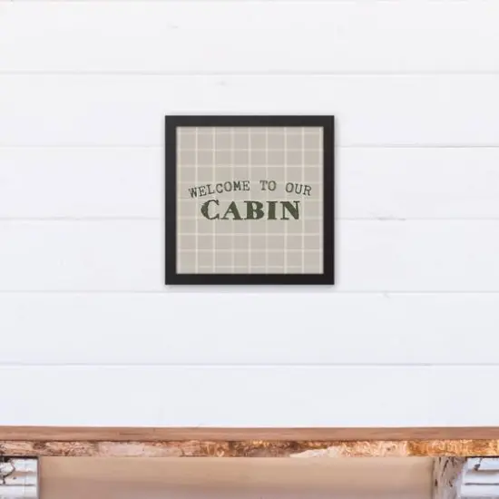 Welcome To Our Cabin Gray and White Check Canvas Wall Art in Black Frame {5}
