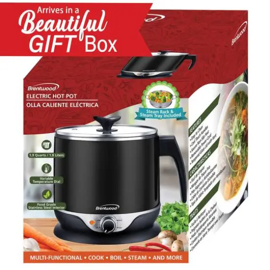 Brentwood 1.9qt. 600-Watt Stainless Steel Cordless Electric Hot Pot Cooker & Food Steamer With Swivel Base {11}