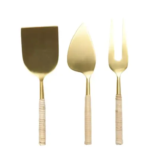Hello Honey&reg; Gold Stainless Steel Cheese Servers with Woven Rattan Handles Set {1}