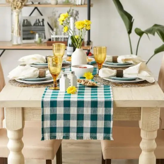 DII&reg; 108" Heavyweight Check Fringed Table Runner Teal {5}