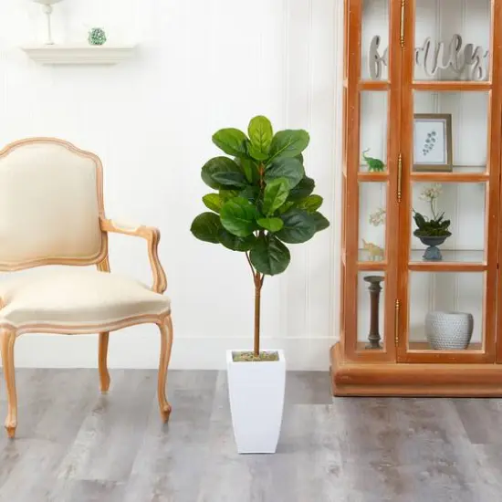 45" Fiddle Leaf Tree in White Metal Planter {4}