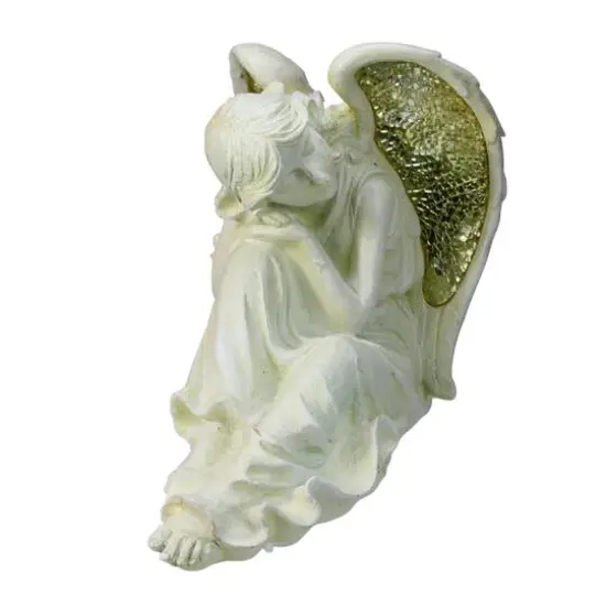 12" Distressed Ivory & Golden Mosaic Glass Winged Resting Angel Outdoor Garden Statue {3}