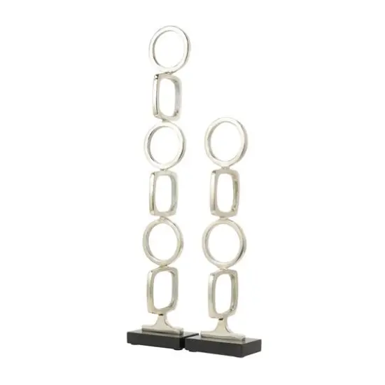 Aluminum Abstract Stacked Geometric Rings Sculpture with Marble Base Set Silver {6}