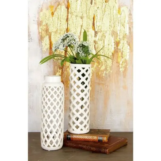 12" White Stoneware Modern Vase Set {3}