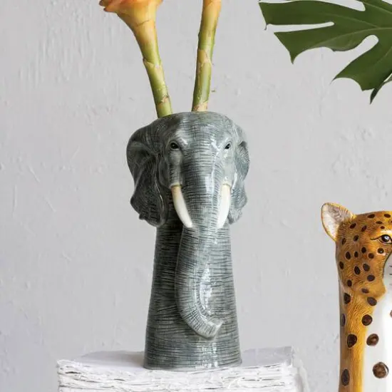 Hello Honey® 11" Gray & White Hand-Painted Decorative Stoneware Elephant Vase {3}