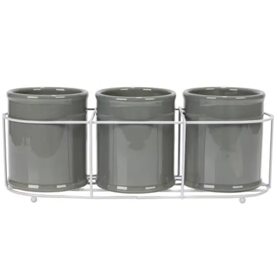 Hello Honey&reg; 11.5" Gray Farmhouse Ceramic Crocks in White Metal Holder {7}