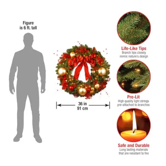 36" Decorative Collection Cozy Christmas Wreath With Red & Clear Lights {5}