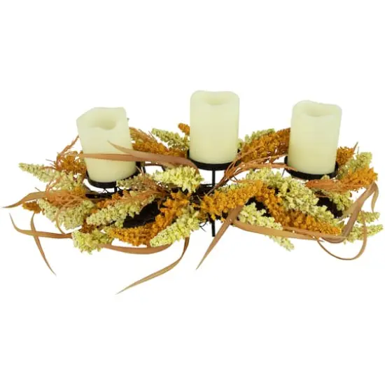 22" Autumn Harvest Triple Candle Holder with Artificial Fall Foliage {5}