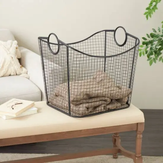 20" Black Metal Storage Basket with Curved Sides & Ring Handles {13}