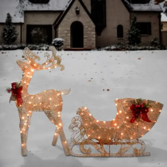 48" Champagne Reindeer Pulling Sleigh, White LED Lights {3}