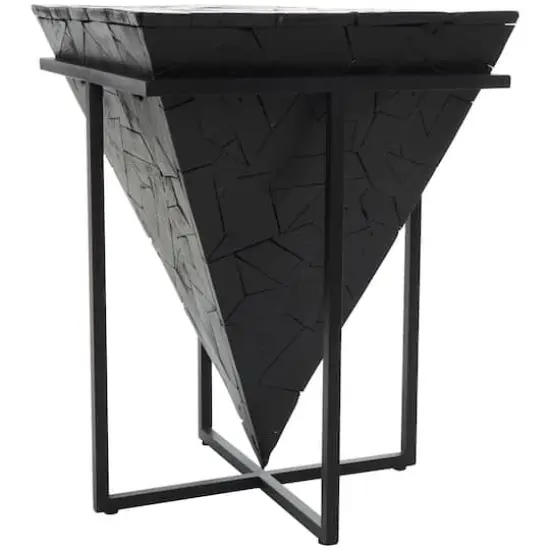 22" Black Teak Wood Geometric Handmade Inverted Pyramid Accent Table with Black Metal Base {5}