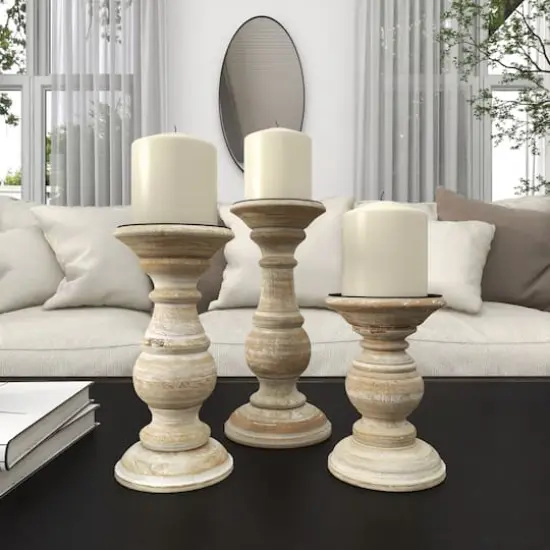 Mango Wood Traditional Candle Holder Set Cream {10}