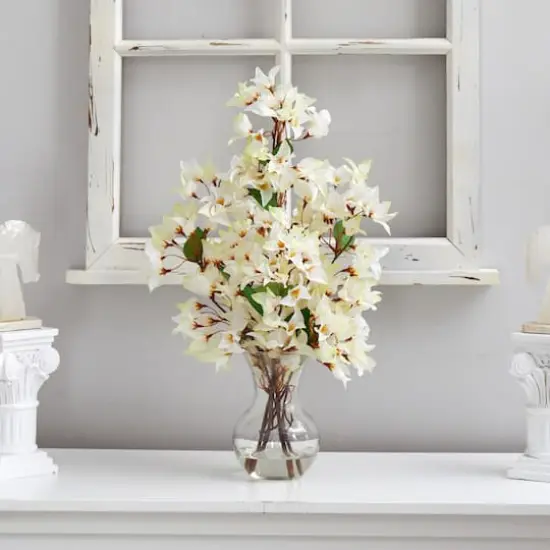 22" Artificial White Bougainvillea Arrangement with Fluted Glass Vase {4}