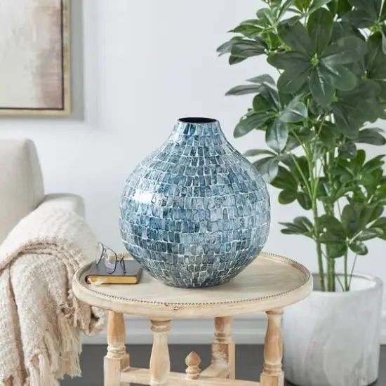 14" Blue Mother of Pearl Handmade Mosaic Inspired Vase {11}