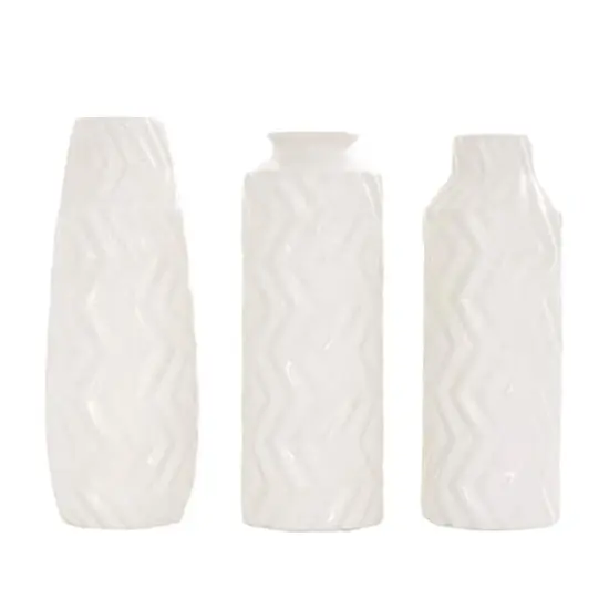 White Ceramic Dimensional Chevron Textured Vase with Varying Shapes Set {5}