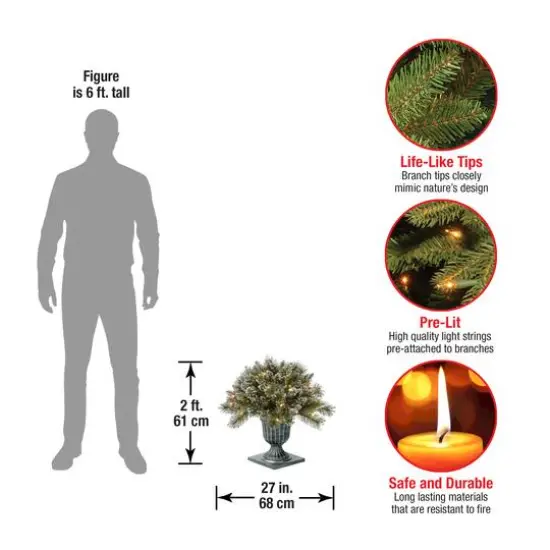 24" Glittery Bristle® Pine Porch Bush in Dark Bronze Plastic Urn with White Tipped Cones {6}