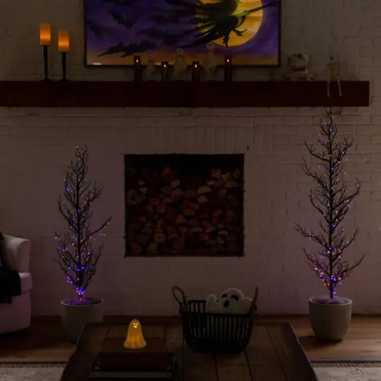 5ft. Pre-Lit Artificial Halloween Black Spooky Twig Tree with 200 Orange & Purple Copper Wire String LED Lights {11}