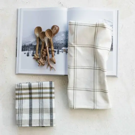 Hello Honey&reg; 28" White & Green Plaid Stonewashed Cotton Tea Towel Set {3}