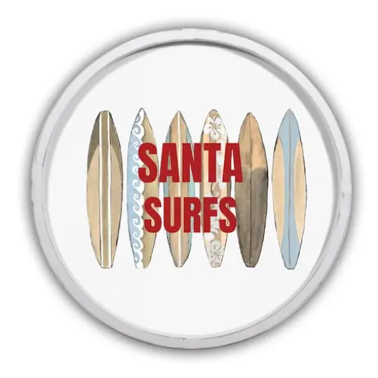 20" Round Santa Surfs Christmas White Framed Wall D&eacute;cor {1}